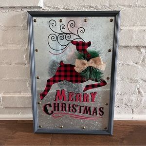Reindeer Merry Christmas Home Decor Wall Art Buffalo Plaid Metal Burlap 21”x14”
